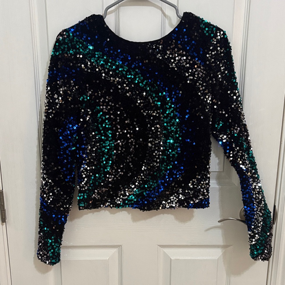Sequin Long-Sleeve Crop Top - Black with Iridescent Blue & Green